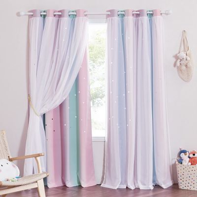 NICETOWN Star Curtains for Nursery Bedroom, Double Layer Blackout Grommets Top Star Cutout Rainbow Curtains Sheer for Living Room Nursery, 1 Pair in 52 x 63 inch, Purple Blue Pink
