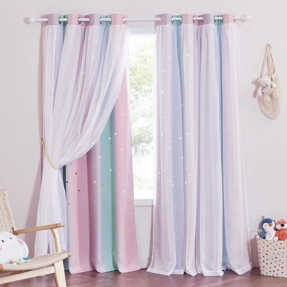 NICETOWN Star Curtains for Nursery Bedroom, Double Layer Blackout Grommets Top Star Cutout Rainbow Curtains Sheer for Living Room Nursery, 1 Pair in 52 x 63 inch, Purple Blue Pink