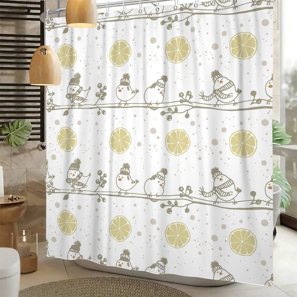 Yeele Winter Shower Curtains Cartoon Birds Bathroom Shower Curtains Snowman Bird with Branches Shower Curtain Waterproof Fabric Lemon Bathroom Curtains Kids Shower Curtain Decor with Hooks,66"x72"