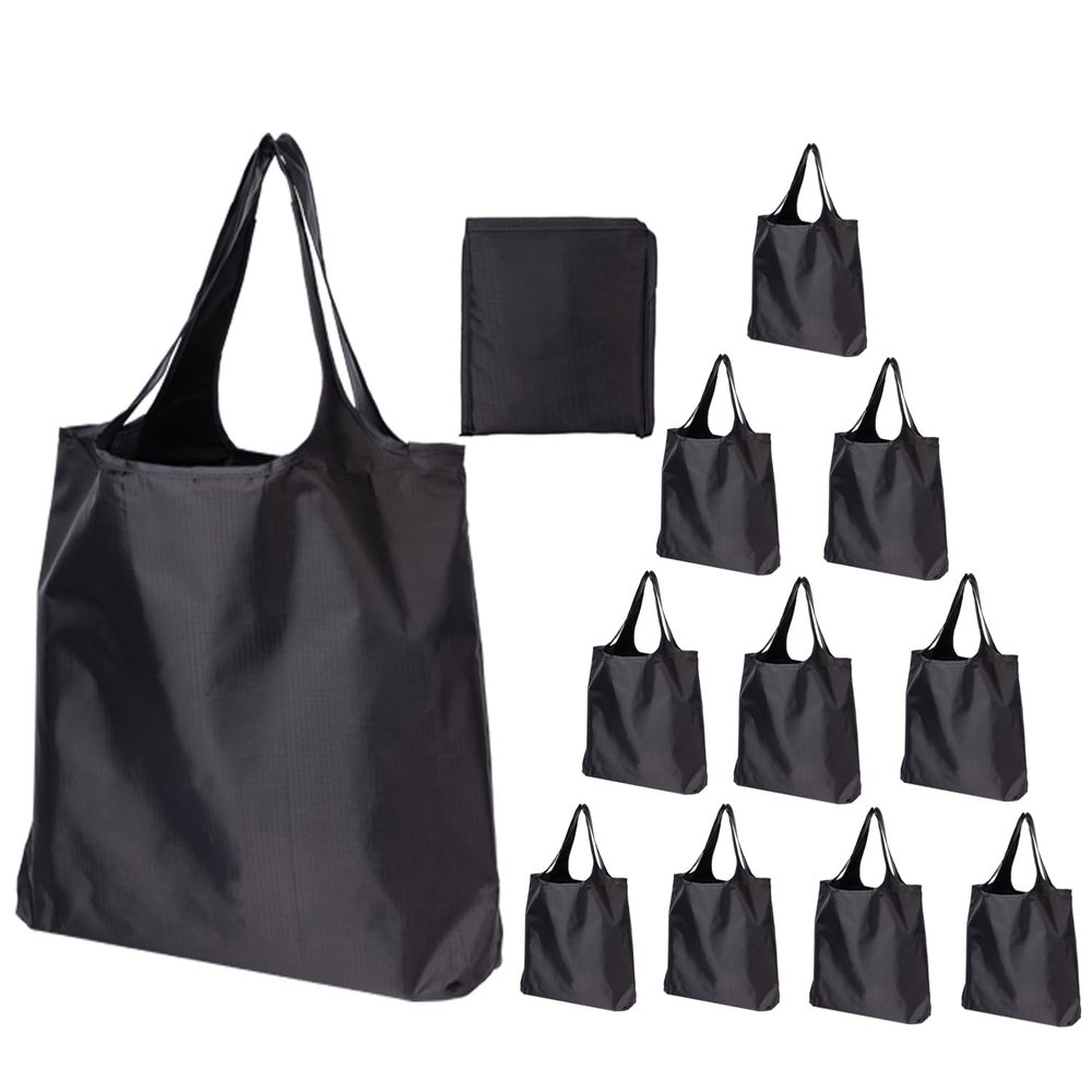 Reusable Grocery Bags with Handles 45LBS Waterproof Ripstop 10 Pack Reusable Shopping Bags Foldable Washable Lightweight Kitchen Grocery Tote Bag, Lightweight Polyester Fabric ,Black