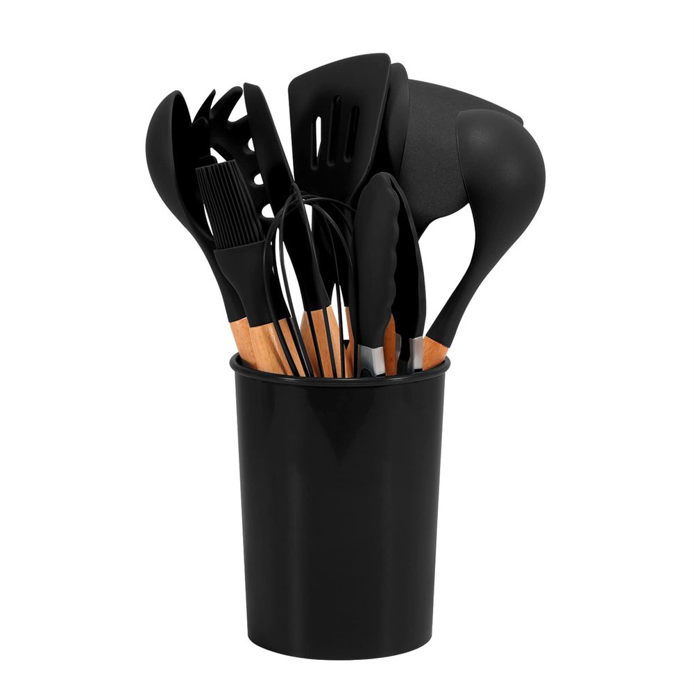 12 Piece Silicone Cookware Set Colorful Wooden Handle Silicone Cookware Set Cookware, Silicone Cookware Non-Stick Cookware Set,Black