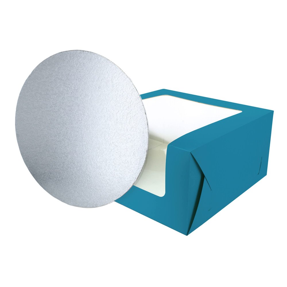 Baked with Love 90282 Teal Blue Printed Cake Box and Board, 10 Inch Colourful Windowed Treat Box and Silver Card For Birthday, Celebrations, Parties. 10" Box and Board