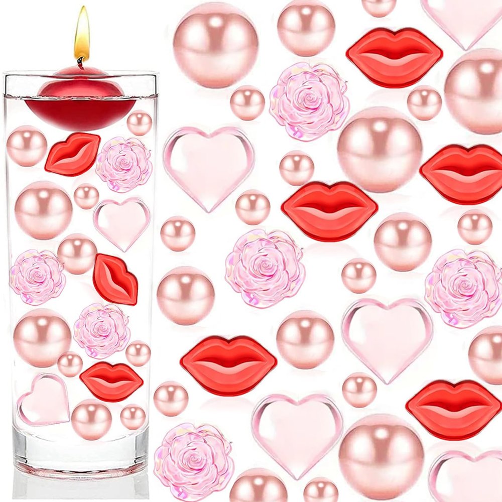 Cqueni 116 PCS Valentine's Vases Fillers, Rose/Red Lip/Heart Shaped Beads Set Plastic Vases Fillers Vases Beads Valentine's Wedding Home Party Table Decor Centerpieces