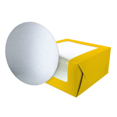 Baked with Love Sunflower Yellow Printed Cake Box and Board, 10 Inch Colourful Windowed Treat Box and Silver Card For Birthday, Celebrations, Parties. 10" Box and Board