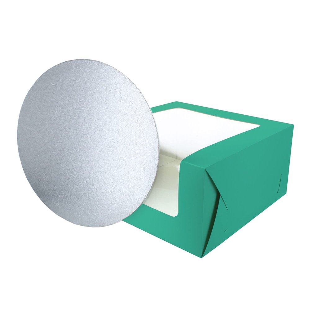 Baked with Love 90281 Jade Green Cake Box and Board, 10 Inch Colourful Windowed Treat Box and Silver Card For Birthday, Celebrations, Parties. 10" Box and Board