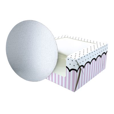 Baked with Love 90293 Pink Spots and Stripes Printed Cake Box and Board, Colourful Windowed Treat Box and Silver Card For Birthday, Celebrations, Parties - 10"
