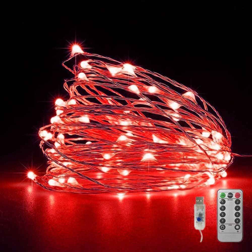 Fantasee Copper Wire String Lights USB Powered LED Fairy Lights 8 Modes with Timer Remote Control for Home Bedroom Birthday Party Wedding Christmas Festival Decor (32.8ft 100leds, Red)