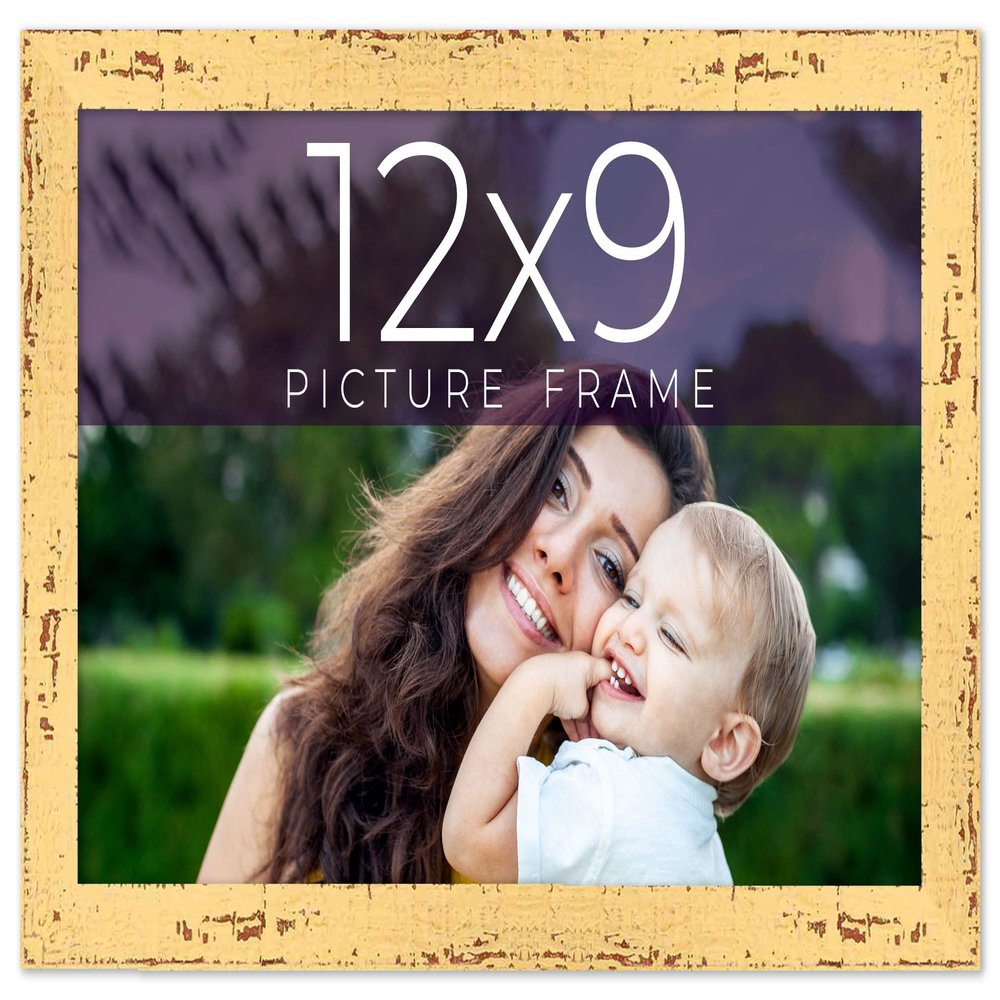 12x9 Frame Yellow Real Wood Picture Frame Width 1.25 Inches | Interior Depth 0.5 Inches | Finley Yellow Distressed Photo Frame Complete with UV Acrylic, Foam Board Backing & Hanging Hardware