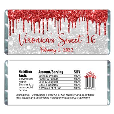 Cathy Wraps Glitter Drip Personalized Candy Bar Wrappers, Birthday Party Favors, Chocolate Bar Labels for Baby Shower, Bridal Shower, Pack of 20 (Red/White)