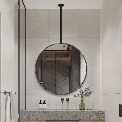 Gaommini Large Circle Mirror, Black Metal Frame Mirror with Ceiling Hanging Rod, Decorative Mirrors for Wall, Bathroom Vanity Makeup Mirror - Complete Hardware (Size : Diameter-50CM/19.7INCH)