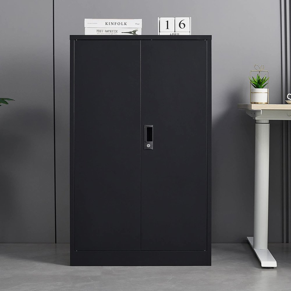 CNANXU Metal Storage Cabinet with Locking Doors and 2 Adjustable Shelves, Small Lockable Storage Cabinets with Lock for Garage Home Office and All The Places You Need (Black)