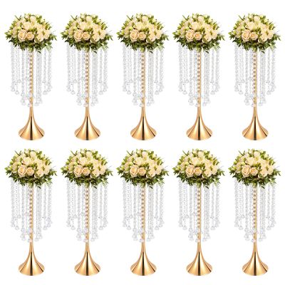 Wedding Centerpieces Flower Vases, 10 Pcs 21.9inch Tall Crystal Gold Vase Metal Flowers Stand for Party Tables Decorations Reception, Elegant Weddings Decoration Table Chandelier Centerpiece Stands