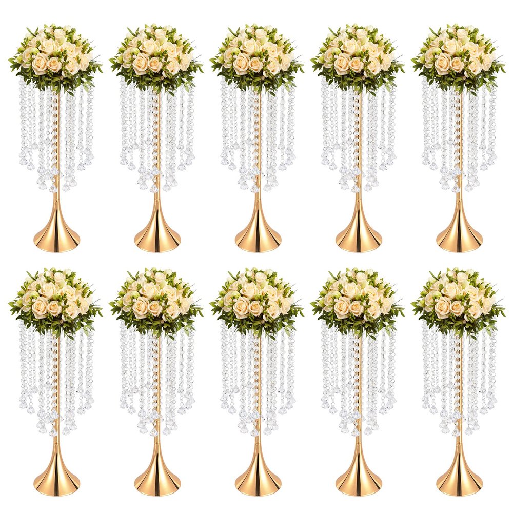 Wedding Centerpieces Flower Vases, 10 Pcs 21.9inch Tall Crystal Gold Vase Metal Flowers Stand for Party Tables Decorations Reception, Elegant Weddings Decoration Table Chandelier Centerpiece Stands