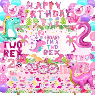 Two Rex Birthday Party Decorations Girl, Pink Dinosaur 2nd Birthday Party Supplies, 2nd Birthday Party Supplies Girl Two Rex Dino Theme Party Decor Supplies