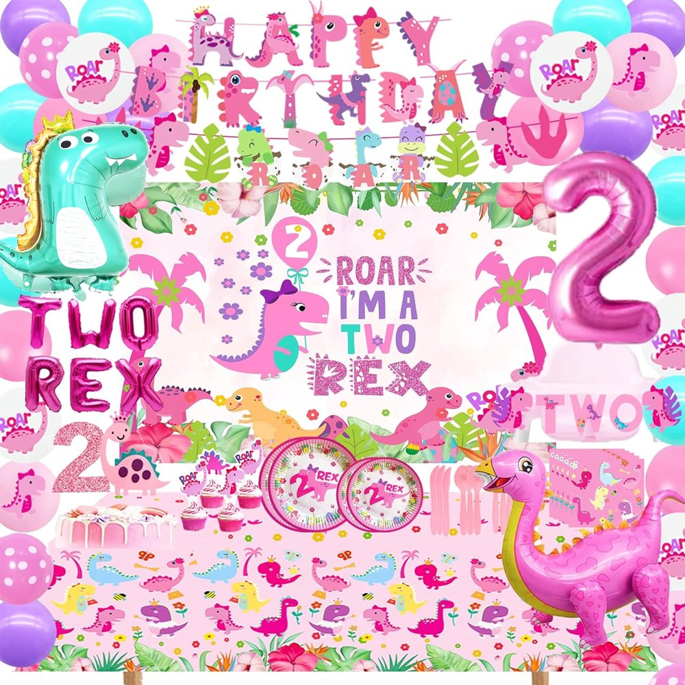 Two Rex Birthday Party Decorations Girl, Pink Dinosaur 2nd Birthday Party Supplies, 2nd Birthday Party Supplies Girl Two Rex Dino Theme Party Decor Supplies