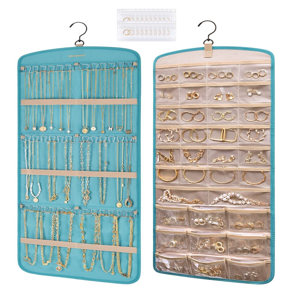 BAGSMART Hanging Jewelry Organizer, Necklace Holder Anti-tangle Earrings Rings Hanger with 20 Jewelry Bags Travel Storage Roll with Pockets Hang on Closet, Wall, Door,1 Piece, Large, Teal