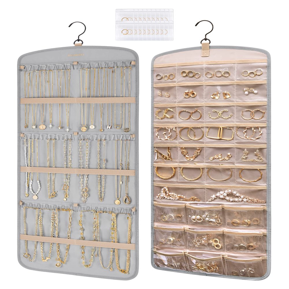 BAGSMART Hanging Jewelry Organizer, Necklace Holder Anti-tangle Earrings Rings Hanger with 20 Jewelry Bags Travel Storage Roll with Pockets Hang on Closet, Wall, Door,1 Piece, Large Grey
