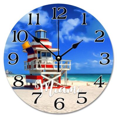 Florida USA Cityscape Wall Clock Miami Beach Scenery Travel Large Wall Clocks Battery Operated 10 Inch Silent Country City Souvenir Farmhouse Home Decor for Kitchen Living Room Bedroom Classroom