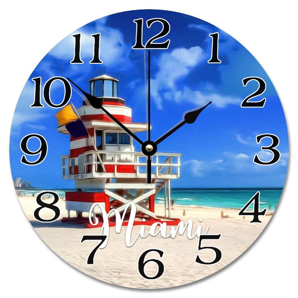 Florida USA Cityscape Wall Clock Miami Beach Scenery Travel Large Wall Clocks Battery Operated 10 Inch Silent Country City Souvenir Farmhouse Home Decor for Kitchen Living Room Bedroom Classroom