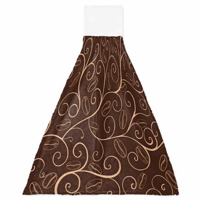 Abstract Coffee Bean Line Kitchen Hand Towels with Hanging Loops, Retro Brown Super Soft Thick Oven Fingertip Dry Microfiber Tie Dish Towel Absorbent Cleaning Washcloth for Bathroom, Kitchen Set of 1