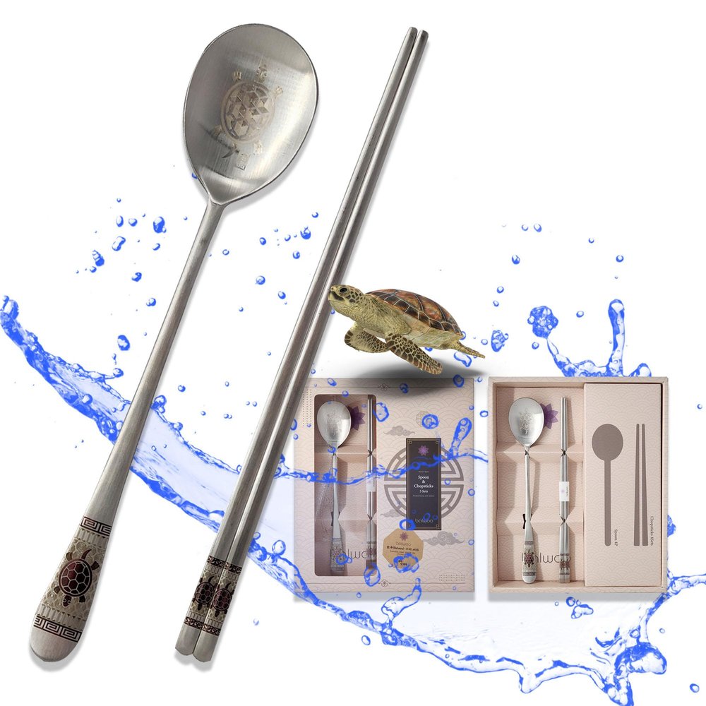 BALWOO [Made in Korea] Hologram Turtle Design Korean Table Sticky Rice Spoon and Chopsticks 304 Stainless Steel Flat Chopsticks Matt Surface Mukbang Cutlery (Red, 5 sets)