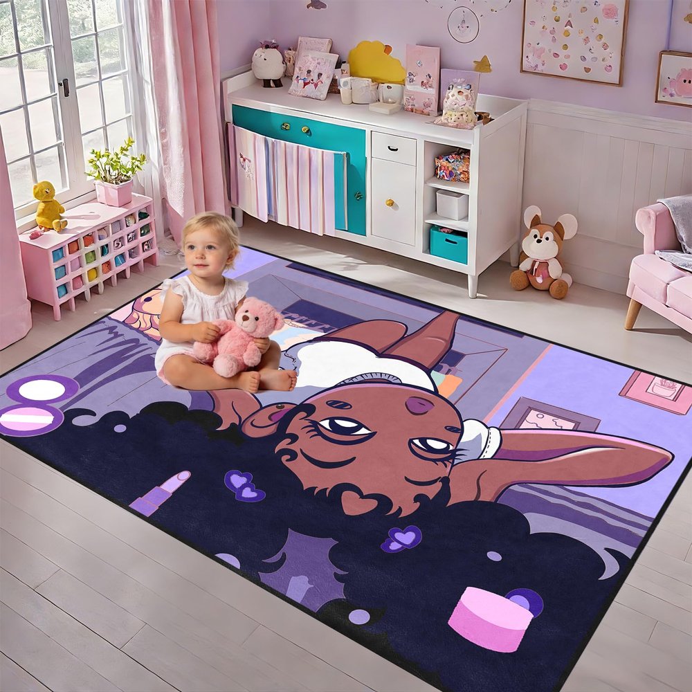 Black Girl Area Rug for Bedroom African Black Girls Floor Rugs for Living Room Playroom Cartoon Art Home Decor Soft Large Carpets Yoga Mats for Women Afro Purple 63" x 47" (4 x 5 Feet)