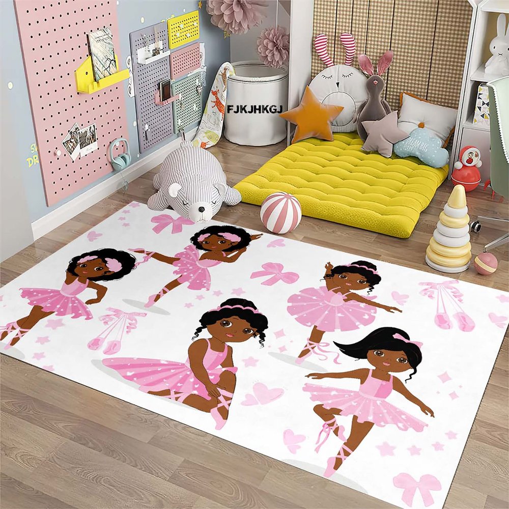 Black Girl Area Rug for Bedroom, African American Cute Ballerina Princess Carpets White Sofa Floor Mat for Living Room Birthday Gift for Black Girls Bedroom Decor, 63" x 47" (4 x 5 Feet)
