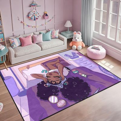 Afro Black Girls Area Rugs - Purple Carpets for Living Room & Bedroom, 70" x 55" (4.6 x 6 Feet)