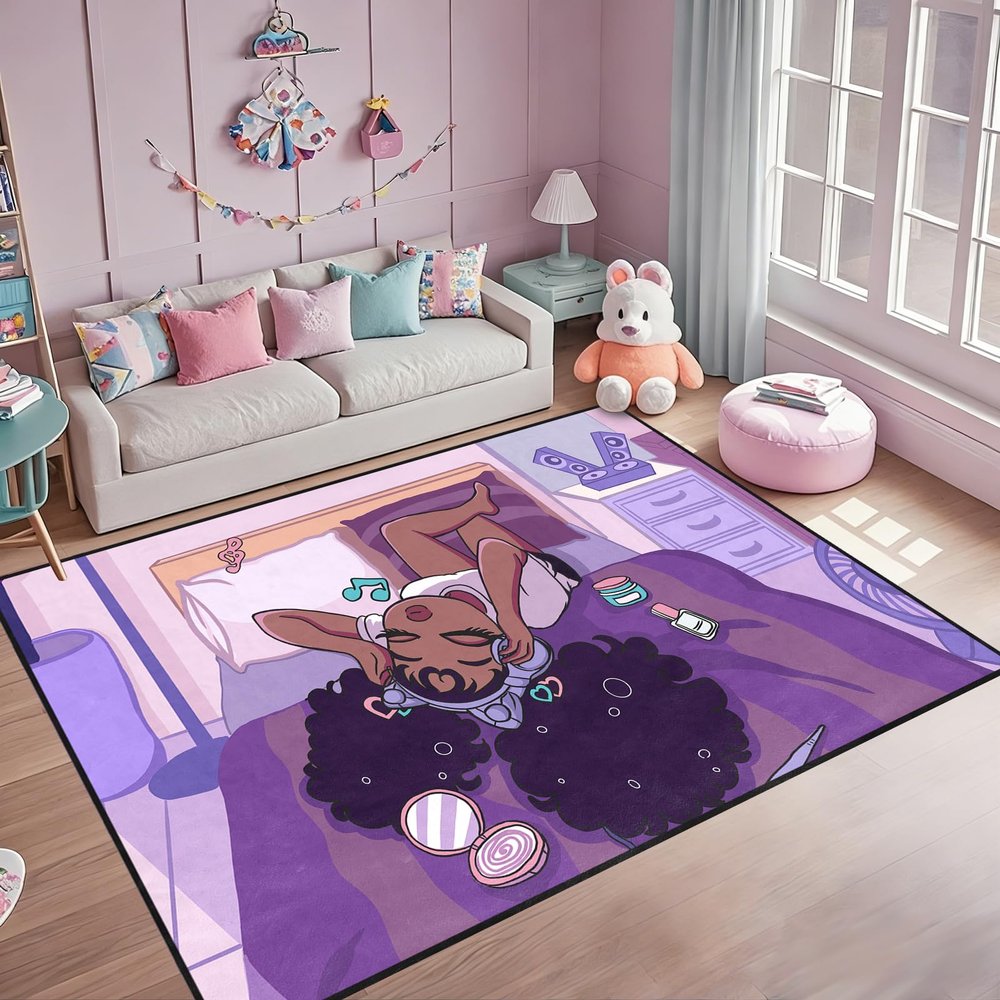 Afro Black Girls Area Rugs - Purple Carpets for Living Room & Bedroom, 70" x 55" (4.6 x 6 Feet)