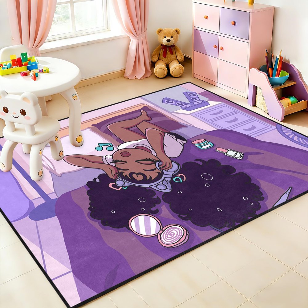 Afro Black Girls Rugs for Living Room Purple Carpets for Bedroom Black Girls Home Decor Art Music Girl Sofa Floor Mats Yoga Mats, 47" x 31" (2.7 x 3 Feet)