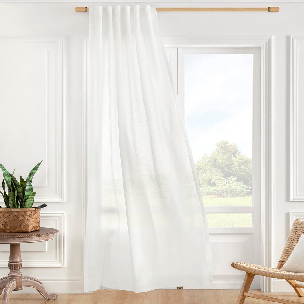 ATLINIA 100% Linen Sheer Curtain White Panel - 1 Panel Window Natural Linen Sheer for Bedroom Living Room Farmhouse Light Curtain Filtering Door Shades Privacy Rustic Boho Door Drape 63 inch