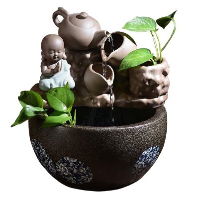 HIHELO Tabletop Fountain Ceramic Water Fountain Decoration Living Room Home Waterscape Lucky Fengshui Wheel Bonsai with Atomizer Desktop Decoration Indoor Fountain