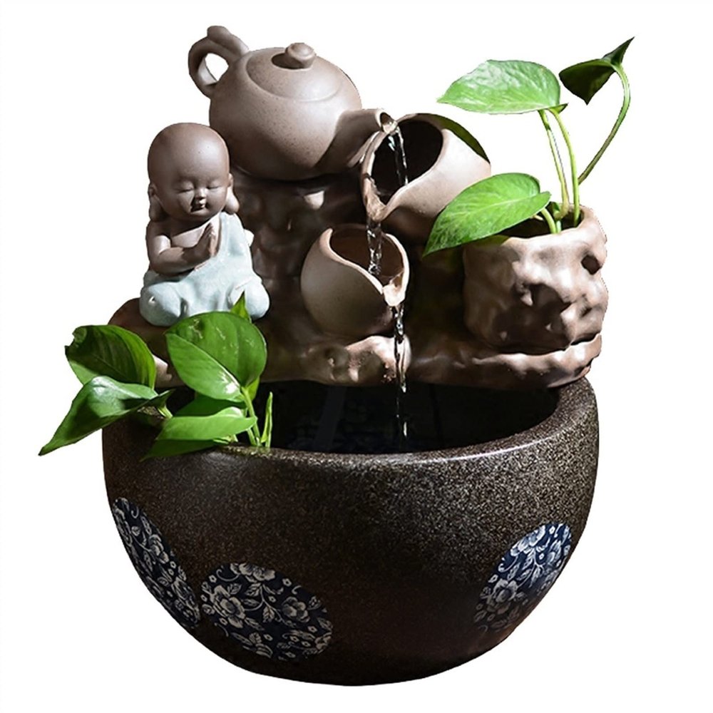 HIHELO Tabletop Fountain Ceramic Water Fountain Decoration Living Room Home Waterscape Lucky Fengshui Wheel Bonsai with Atomizer Desktop Decoration Indoor Fountain