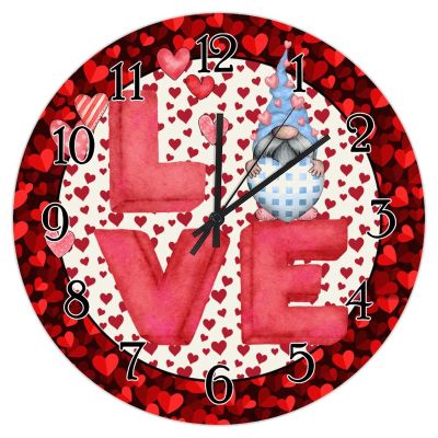 Valentine's Day Love Gnome Wooden Clock Red Pink Dot Stripes Heart Wreath Clock Wing Cupid Valentine Wooden Decorative Clocks Battery Operated Silent Clocks for Living Room 10inch