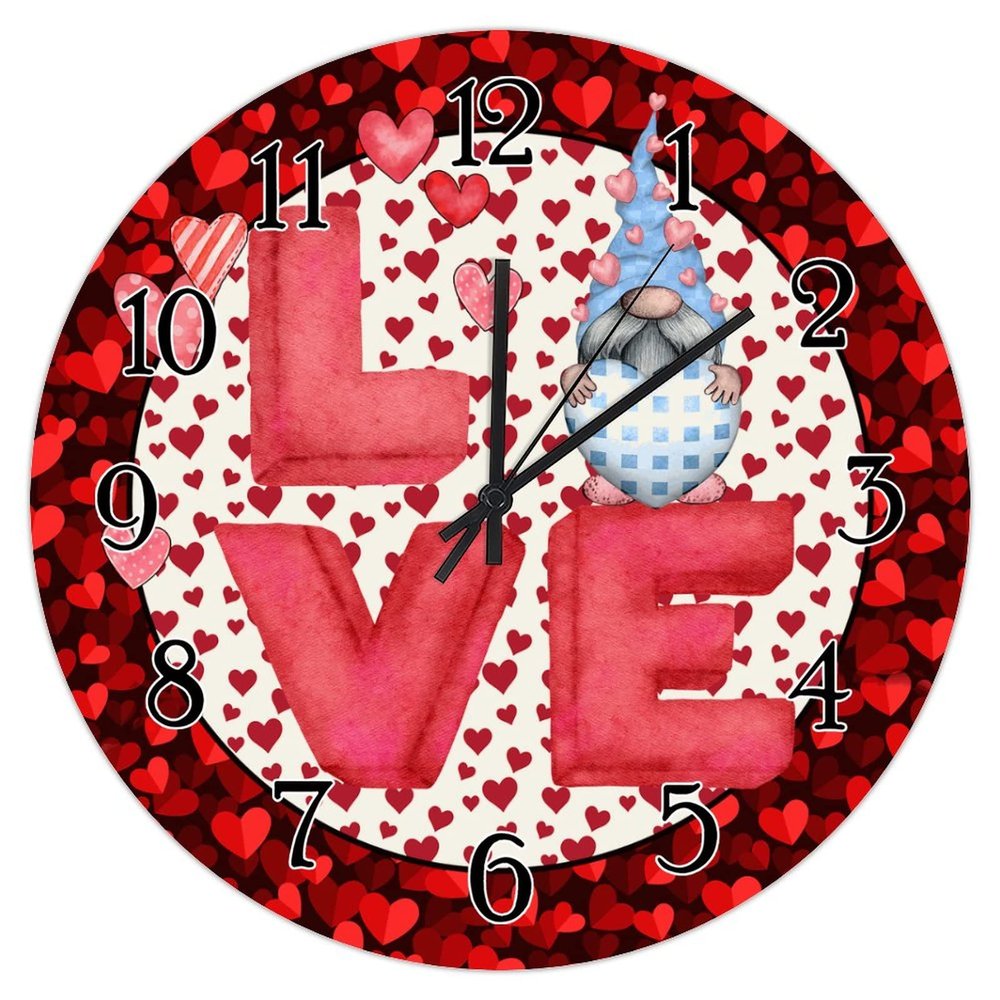 Valentine's Day Love Gnome Wooden Clock Red Pink Dot Stripes Heart Wreath Clock Wing Cupid Valentine Wooden Decorative Clocks Battery Operated Silent Clocks for Living Room 10inch