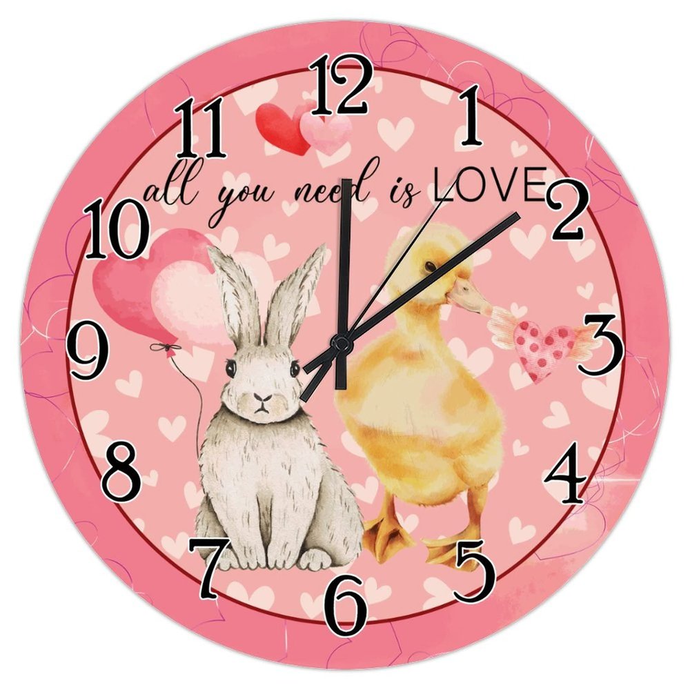 Saint Valentine's Day Wood Wall Clock Love Heart Farm Duck Rabbit Clocks All You Need is Love Farm Animal Art Clocks Non-Ticking Silent Wall Clock for Bedroom 10inch Wedding Gift