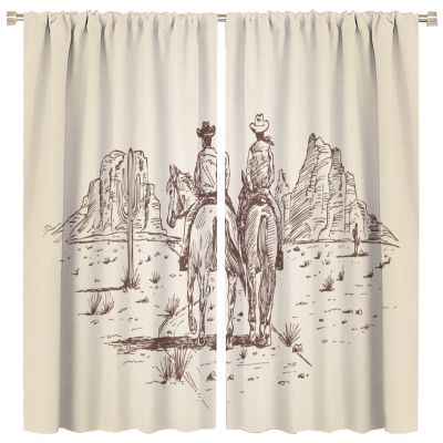 Western Cowboy Blackout Window Curtain, Country Theme Hand Drawn of American Wild West Desert with C Thermal Insulated Curtains for Bedroom Living Room Thermal Insulated Curtains Window Drapes 2 Panel