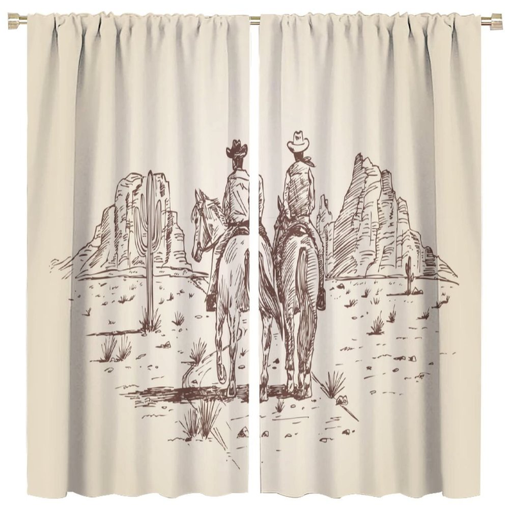 Western Cowboy Blackout Window Curtain, Country Theme Hand Drawn of American Wild West Desert with C Thermal Insulated Curtains for Bedroom Living Room Thermal Insulated Curtains Window Drapes 2 Panel