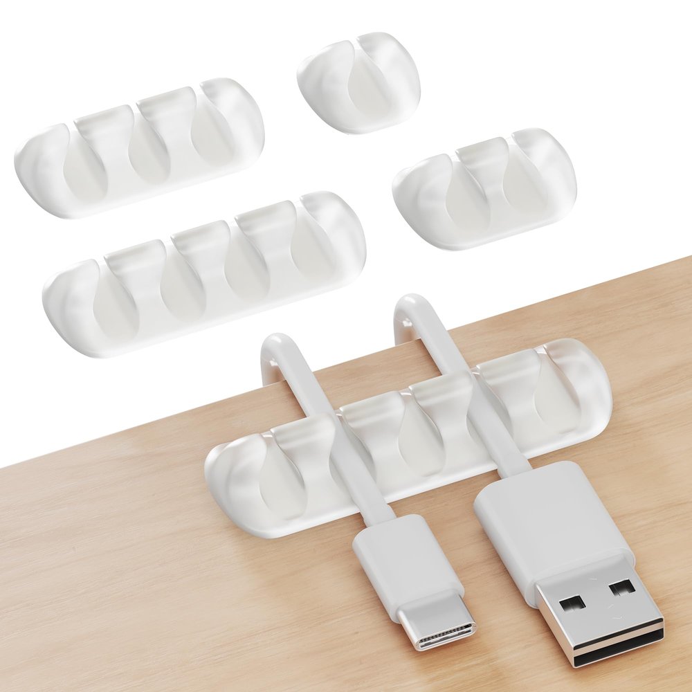GLUIT Cord Organizer for Desk Cable Holder for Nightstand Charger Organizer Adhesive Desktop Wire Multislot Clips and Table Management Accessories Office Spaces Transparent 5 Pack, 15 Slots