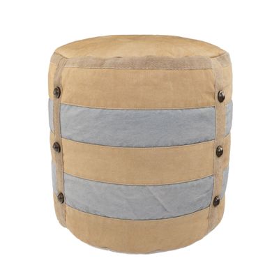 CC Home Furnishings 16" Beige and Gray Farmhouse Striped Handmade Round Pouf Ottoman