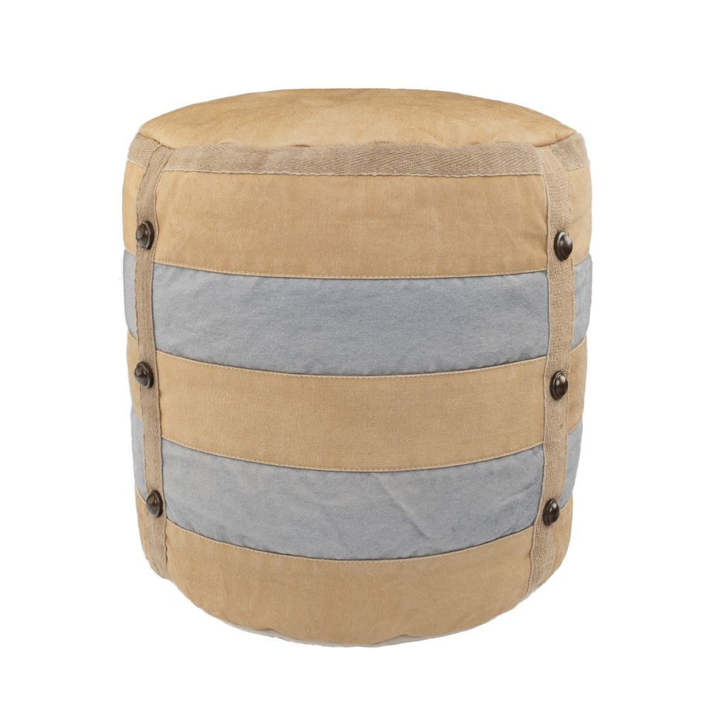 CC Home Furnishings 16" Beige and Gray Farmhouse Striped Handmade Round Pouf Ottoman