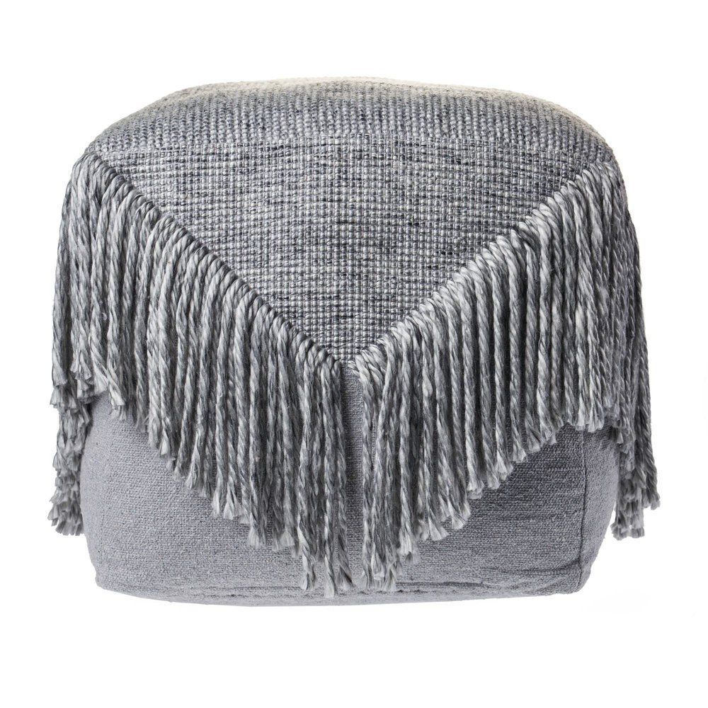CC Home Furnishings 18" Solid Gray Tasseled Square Wool Pouf Ottoman