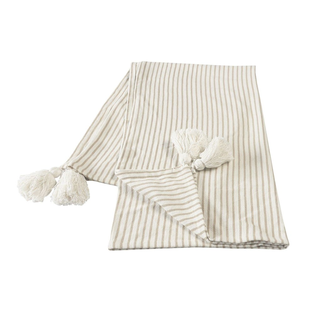 CC Home Furnishings Beige and Ivory Classic Striped Throw Blanket with Tassels 50" x 60"