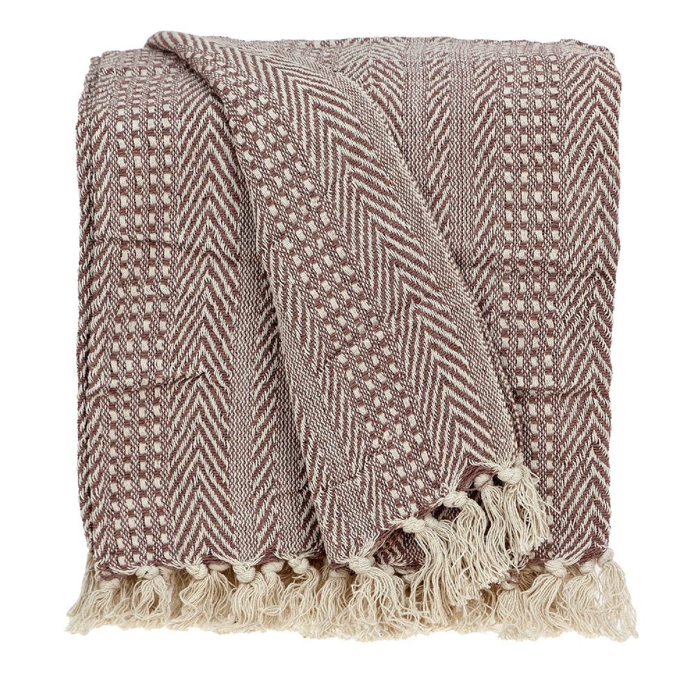 CC Home Furnishings Brown and Beige Woven Handloom Herringbone and Gingham Throw Blanket 52" x 67"