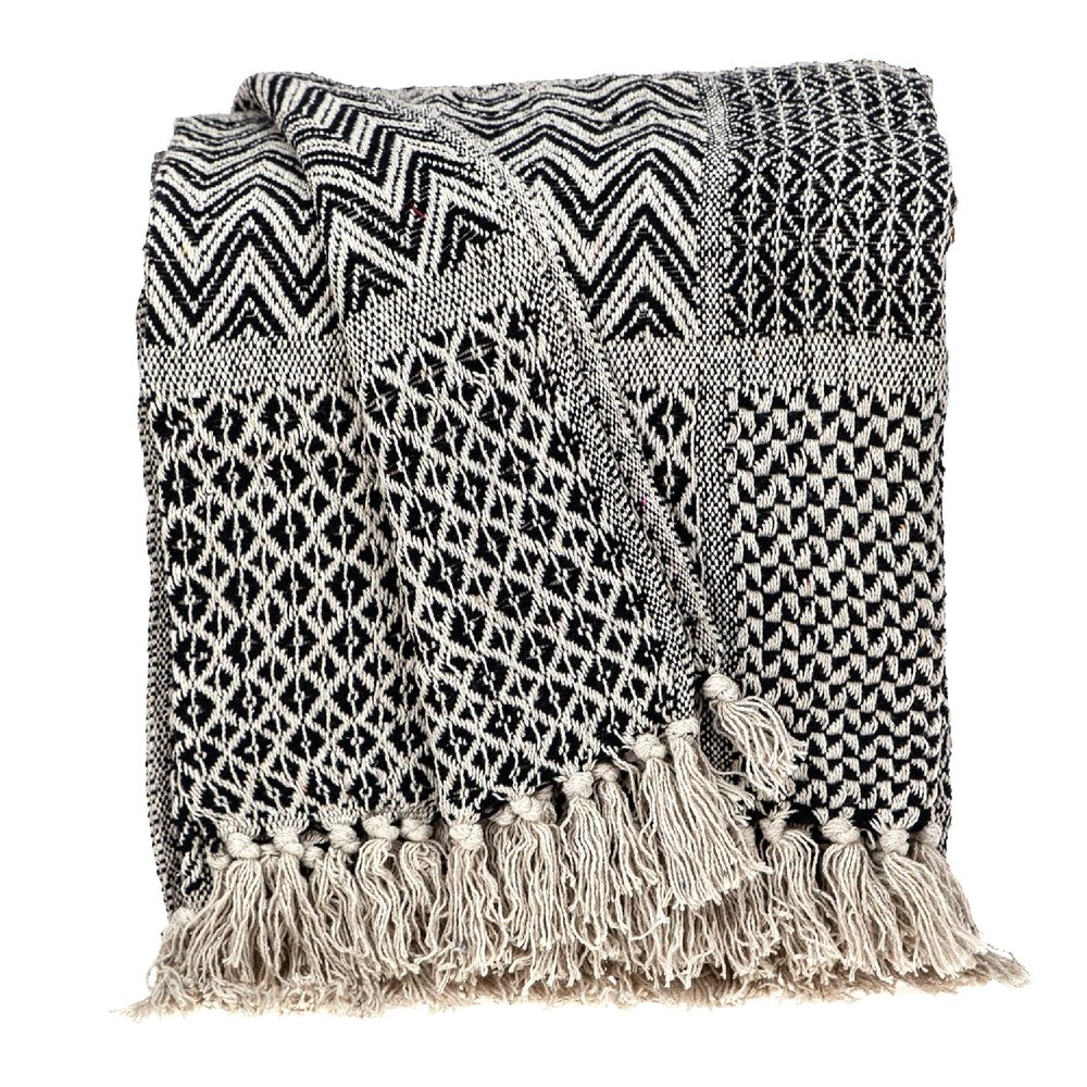 CC Home Furnishings Beige and Black Transitional Woven Handloom Throw Blanket 52" x 67"