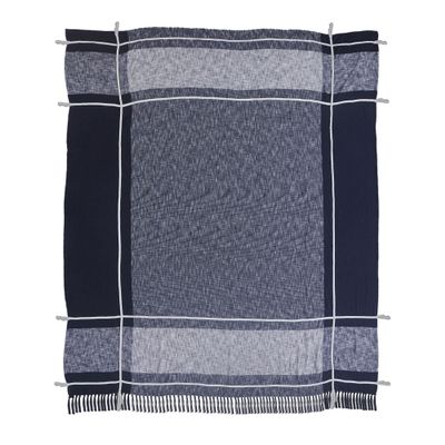CC Home Furnishings 108" Blue and White Minimal Plaid Coverlet with Fringe - King Size