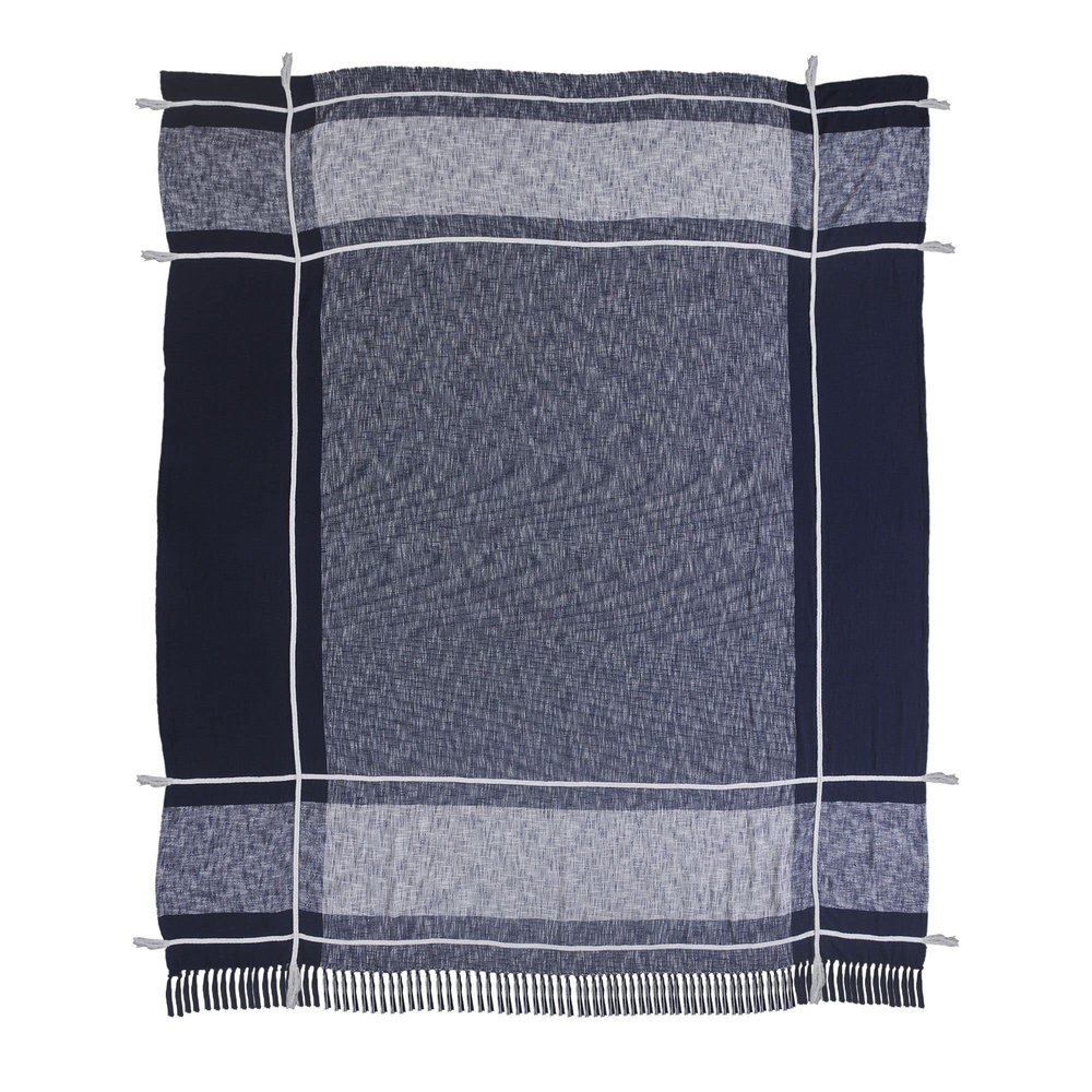 CC Home Furnishings 108" Blue and White Minimal Plaid Coverlet with Fringe - King Size