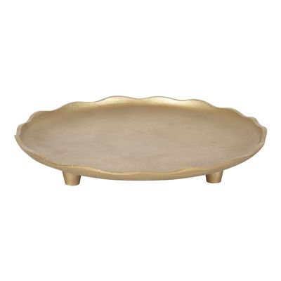 Kate and Laurel Alessia Modern Decorative Scalloped Round Footed Metal Tray; 16 Inch Diameter; Gold; Food-Safe Cast Aluminum Pedestal Transitional Tray with Rough Texture and Deckled Edge