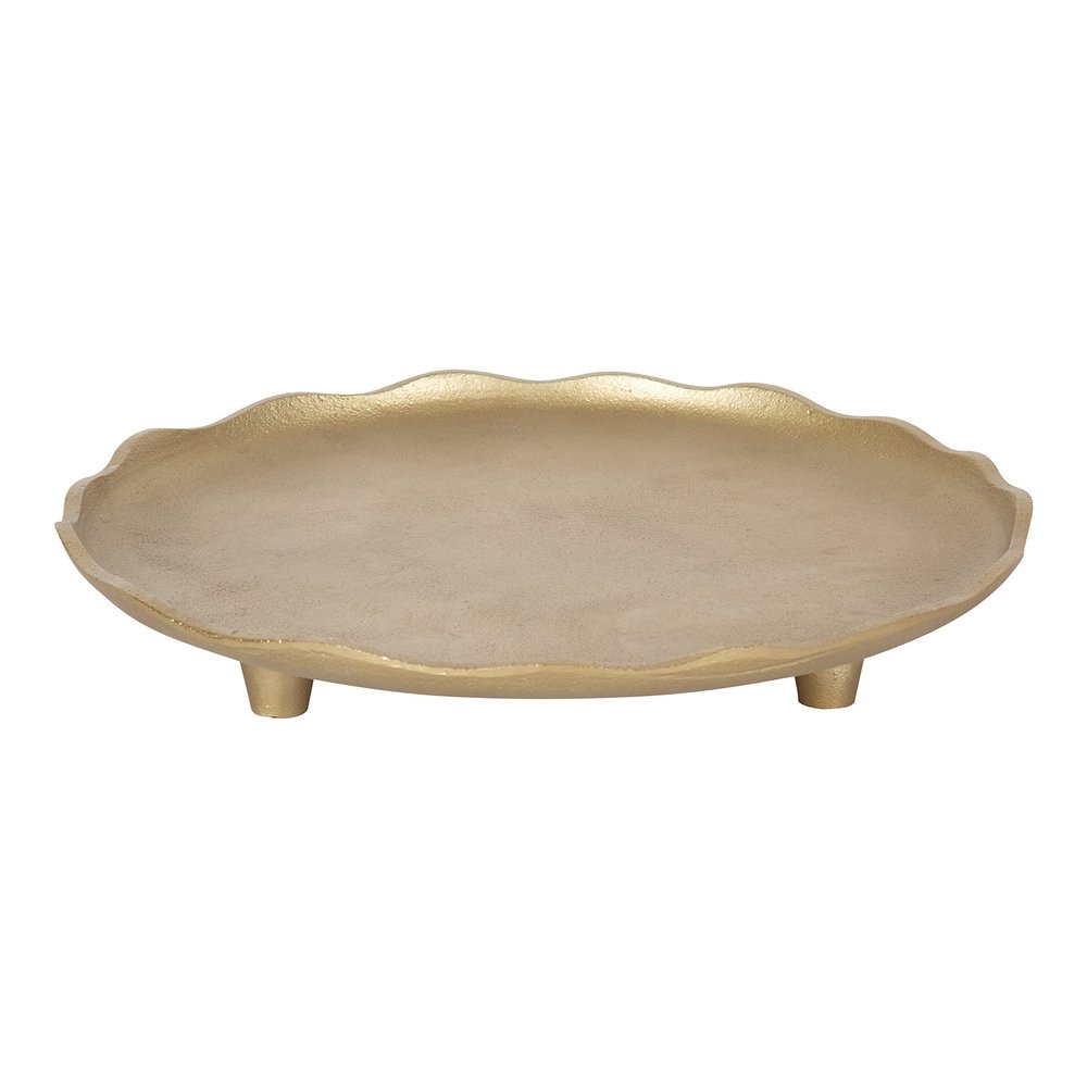 Kate and Laurel Alessia Modern Decorative Scalloped Round Footed Metal Tray; 16 Inch Diameter; Gold; Food-Safe Cast Aluminum Pedestal Transitional Tray with Rough Texture and Deckled Edge