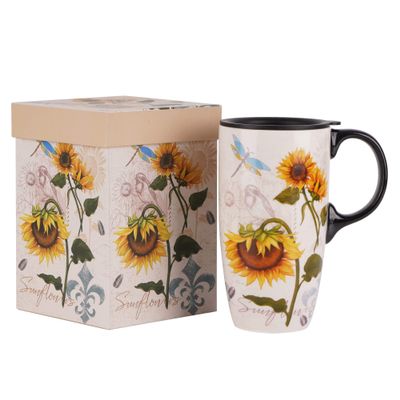 DUSVALLY Ceramic Tall Coffee Mug, Friends Coffee Cup Gift Set, Travel Mug with Lid for Office and Home, Porcelain Mug Unique Gifts for Women and Man, 17 oz Large Cup,Sunflower